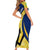 Barbados Flag Short Sleeve Bodycon Dress Blue and Yellow with Trident and Tropical Leaf Pattern - Wonder Print Shop