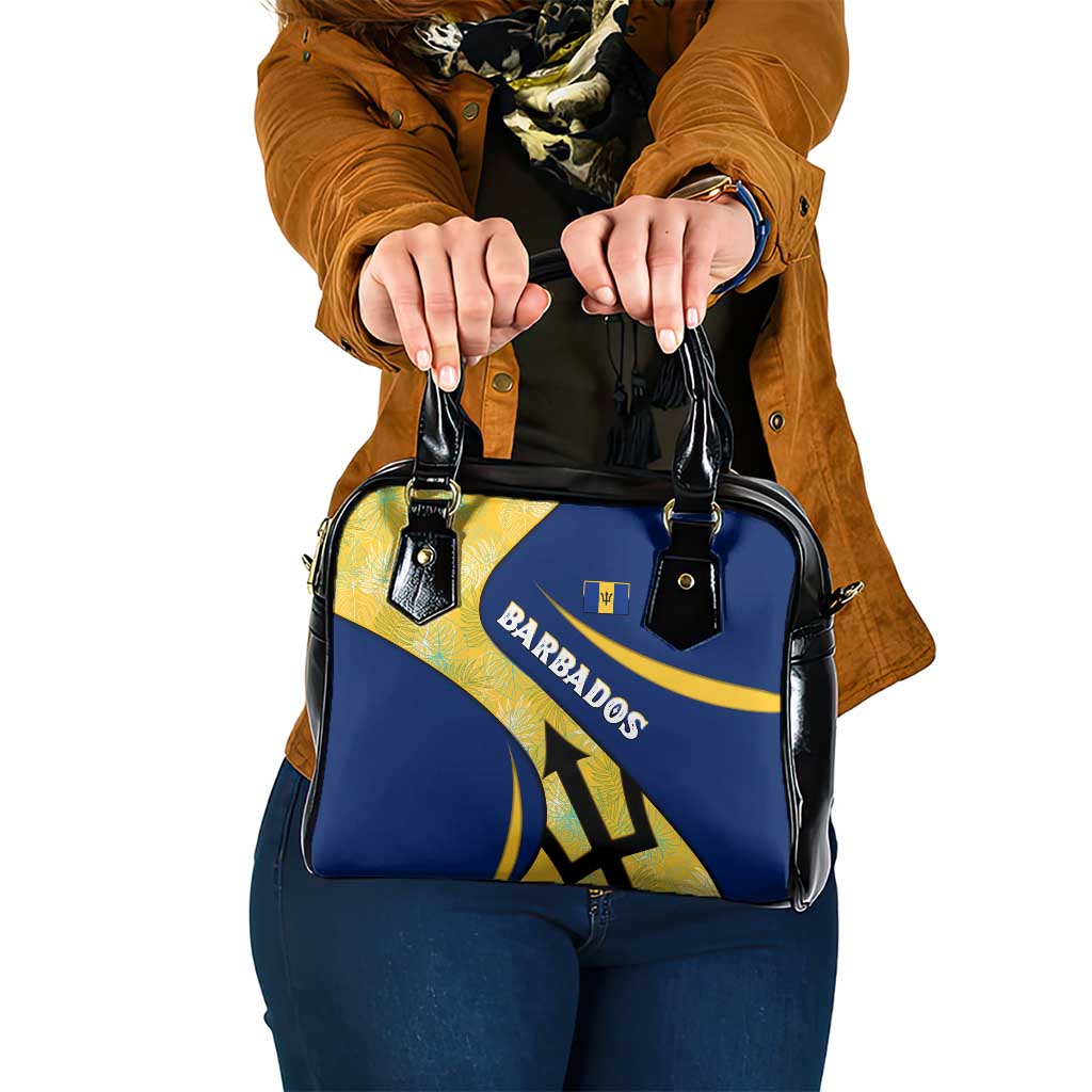 Barbados Flag Shoulder Handbag Blue and Yellow with Trident and Tropical Leaf Pattern - Wonder Print Shop