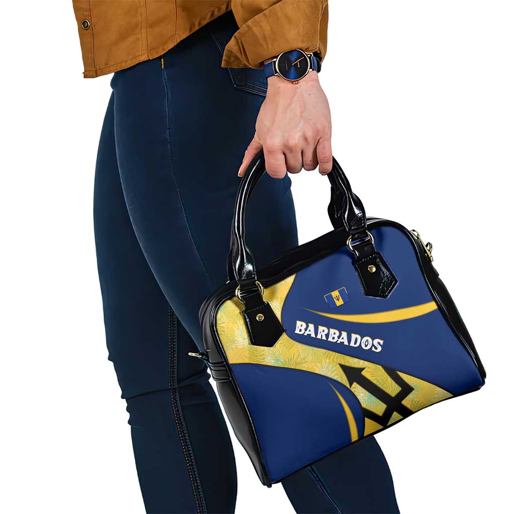 Barbados Flag Shoulder Handbag Blue and Yellow with Trident and Tropical Leaf Pattern - Wonder Print Shop