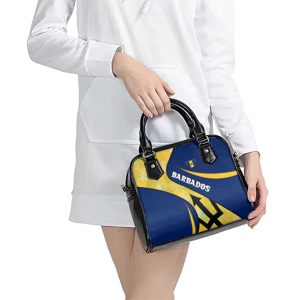 Barbados Flag Shoulder Handbag Blue and Yellow with Trident and Tropical Leaf Pattern - Wonder Print Shop