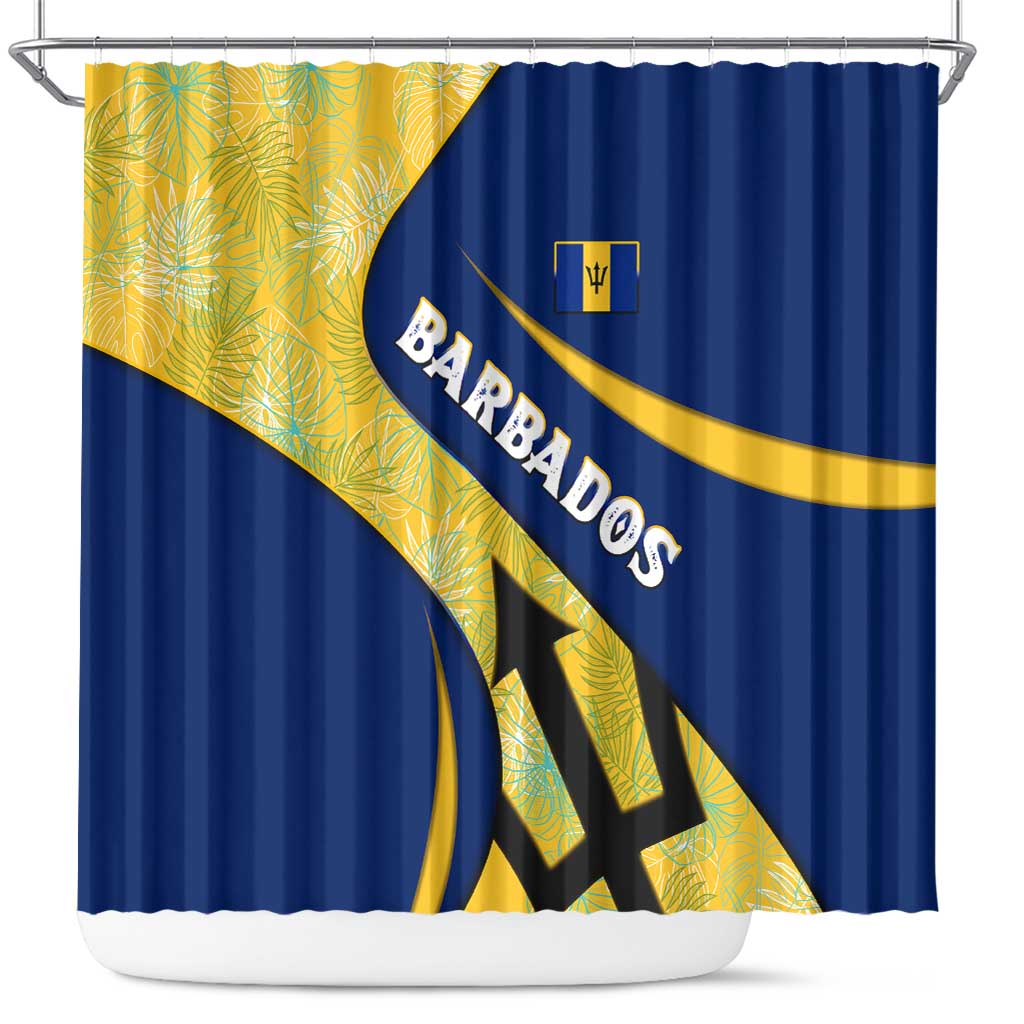 Barbados Flag Shower Curtain Blue and Yellow with Trident and Tropical Leaf Pattern - Wonder Print Shop