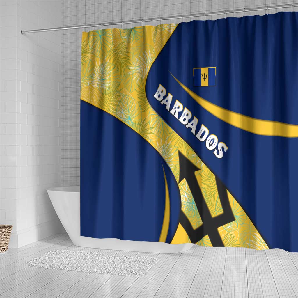 Barbados Flag Shower Curtain Blue and Yellow with Trident and Tropical Leaf Pattern - Wonder Print Shop