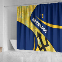 Barbados Flag Shower Curtain Blue and Yellow with Trident and Tropical Leaf Pattern - Wonder Print Shop