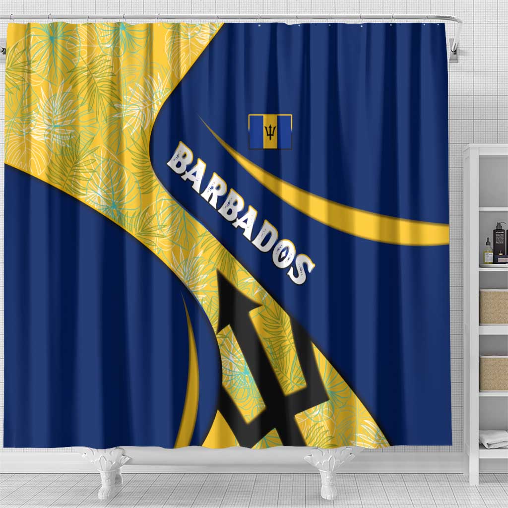 Barbados Flag Shower Curtain Blue and Yellow with Trident and Tropical Leaf Pattern - Wonder Print Shop
