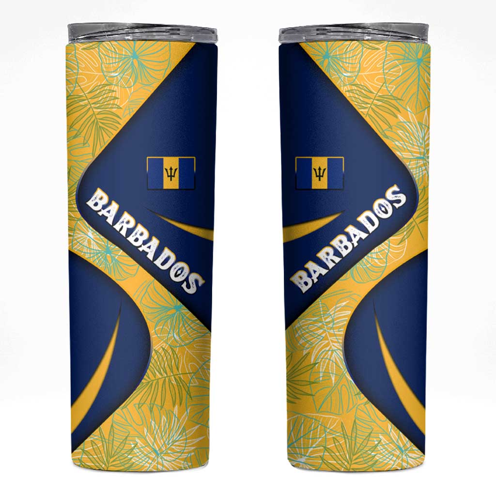 Barbados Flag Skinny Tumbler Blue and Yellow with Trident and Tropical Leaf Pattern - Wonder Print Shop