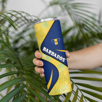 Barbados Flag Skinny Tumbler Blue and Yellow with Trident and Tropical Leaf Pattern - Wonder Print Shop