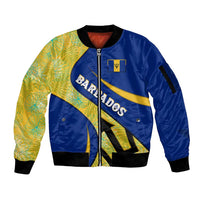 Barbados Flag Sleeve Zip Bomber Jacket Blue and Yellow with Trident and Tropical Leaf Pattern - Wonder Print Shop