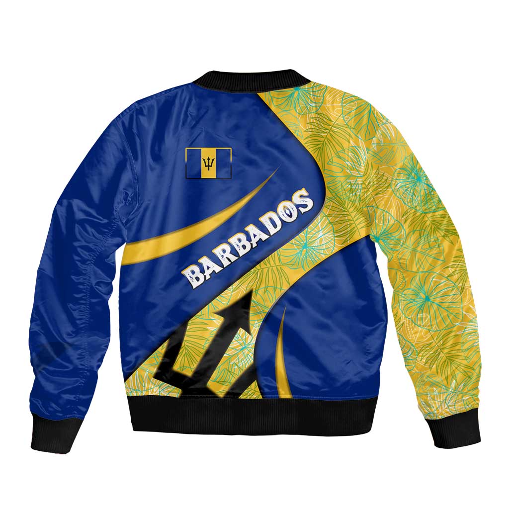 Barbados Flag Sleeve Zip Bomber Jacket Blue and Yellow with Trident and Tropical Leaf Pattern - Wonder Print Shop