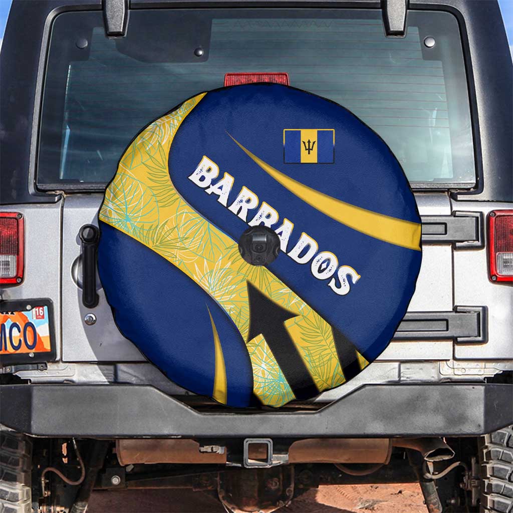 Barbados Flag Spare Tire Cover Blue and Yellow with Trident and Tropical Leaf Pattern - Wonder Print Shop