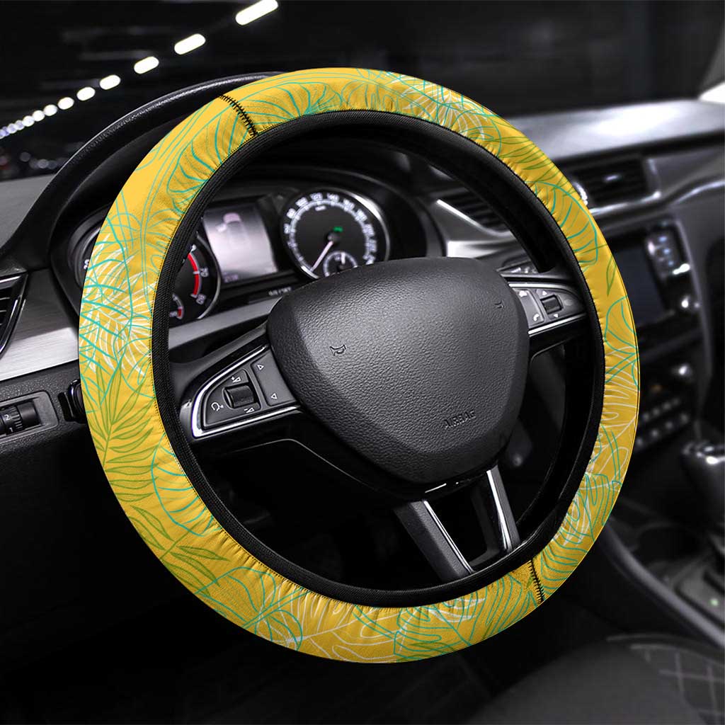 Barbados Flag Steering Wheel Cover Blue and Yellow with Trident and Tropical Leaf Pattern - Wonder Print Shop
