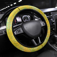 Barbados Flag Steering Wheel Cover Blue and Yellow with Trident and Tropical Leaf Pattern - Wonder Print Shop