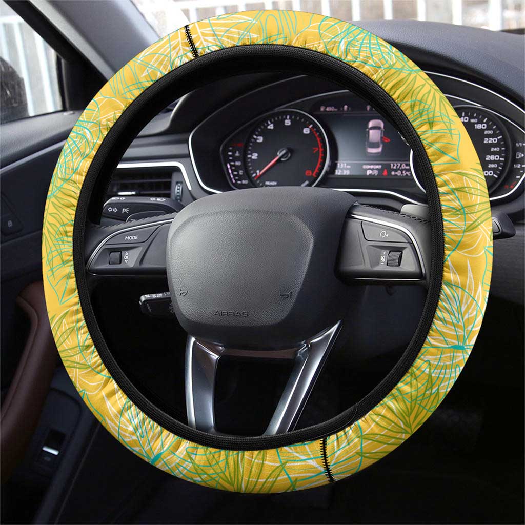 Barbados Flag Steering Wheel Cover Blue and Yellow with Trident and Tropical Leaf Pattern - Wonder Print Shop