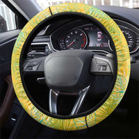 Barbados Flag Steering Wheel Cover Blue and Yellow with Trident and Tropical Leaf Pattern - Wonder Print Shop