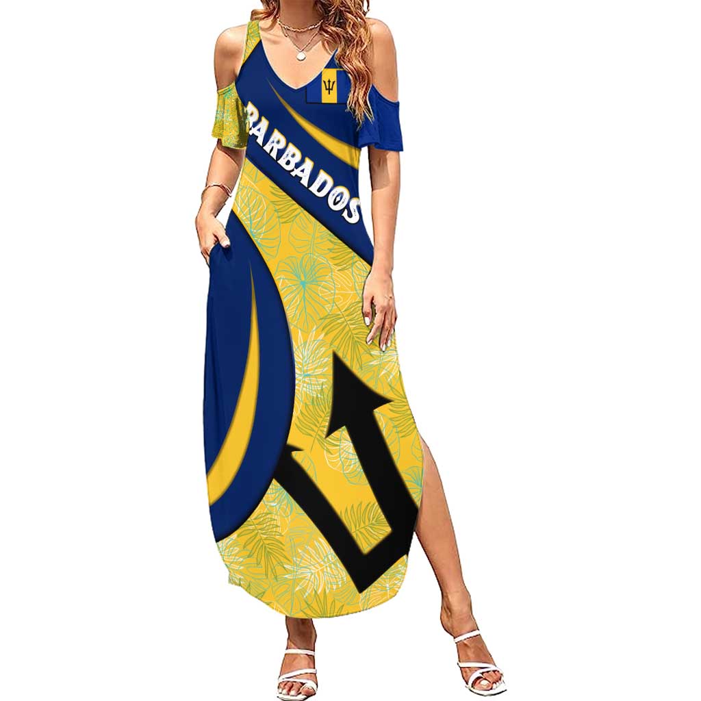Barbados Flag Summer Maxi Dress Blue and Yellow with Trident and Tropical Leaf Pattern - Wonder Print Shop