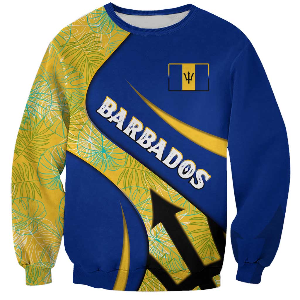 Barbados Flag Sweatshirt Blue and Yellow with Trident and Tropical Leaf Pattern - Wonder Print Shop