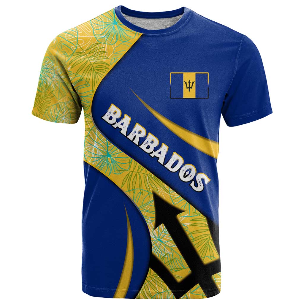 Barbados Flag T Shirt Blue and Yellow with Trident and Tropical Leaf Pattern - Wonder Print Shop