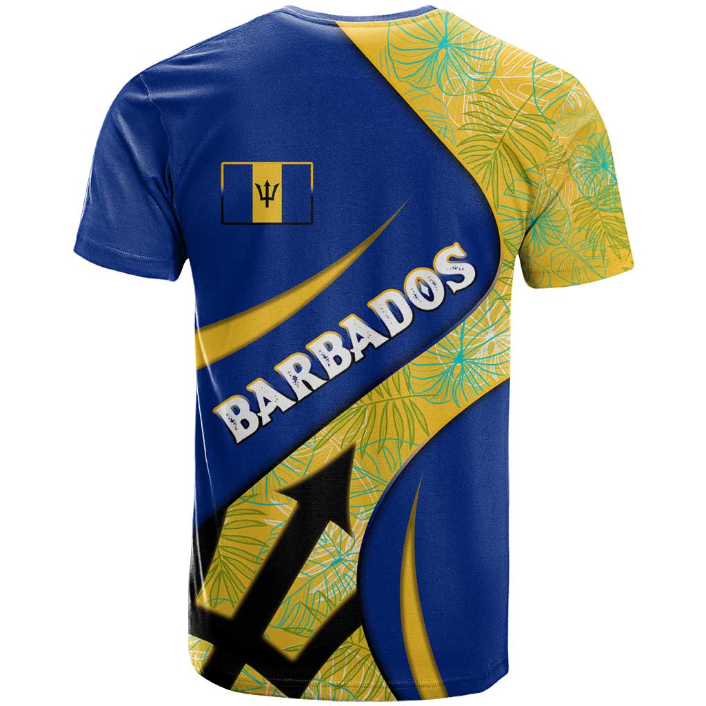 Barbados Flag T Shirt Blue and Yellow with Trident and Tropical Leaf Pattern - Wonder Print Shop