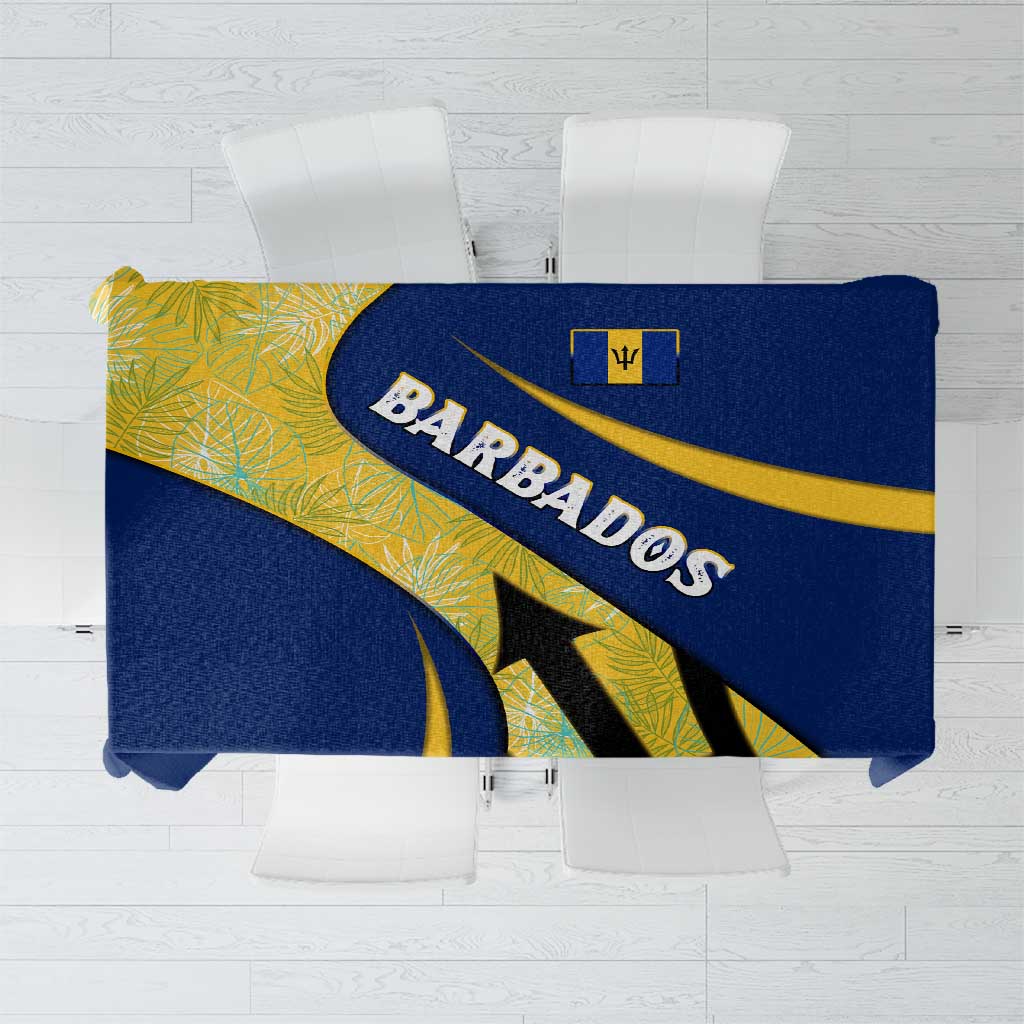 Barbados Flag Tablecloth Blue and Yellow with Trident and Tropical Leaf Pattern - Wonder Print Shop