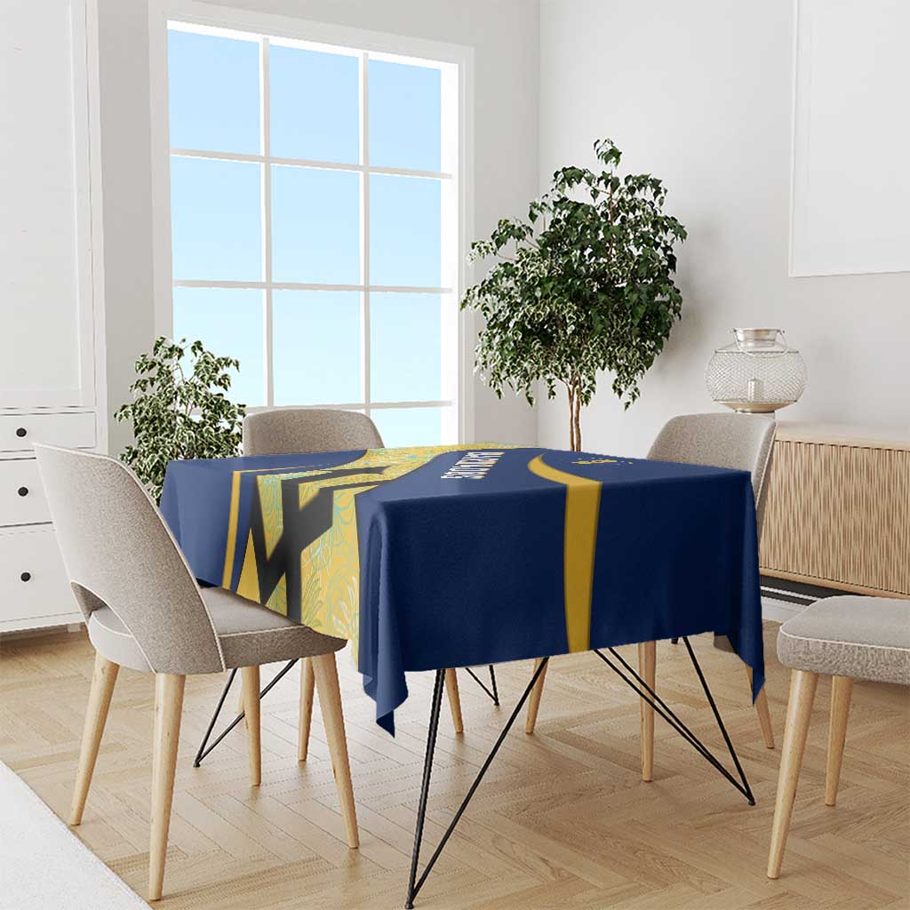 Barbados Flag Tablecloth Blue and Yellow with Trident and Tropical Leaf Pattern - Wonder Print Shop