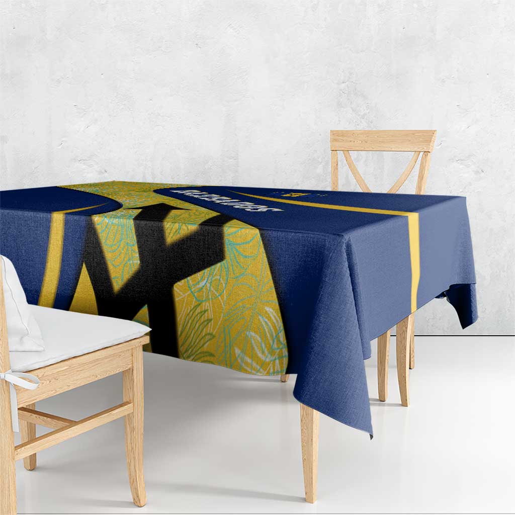 Barbados Flag Tablecloth Blue and Yellow with Trident and Tropical Leaf Pattern - Wonder Print Shop