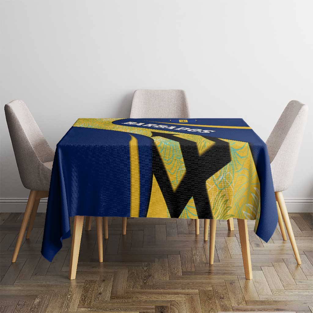 Barbados Flag Tablecloth Blue and Yellow with Trident and Tropical Leaf Pattern - Wonder Print Shop