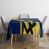 Barbados Flag Tablecloth Blue and Yellow with Trident and Tropical Leaf Pattern - Wonder Print Shop