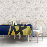 Barbados Flag Tablecloth Blue and Yellow with Trident and Tropical Leaf Pattern - Wonder Print Shop