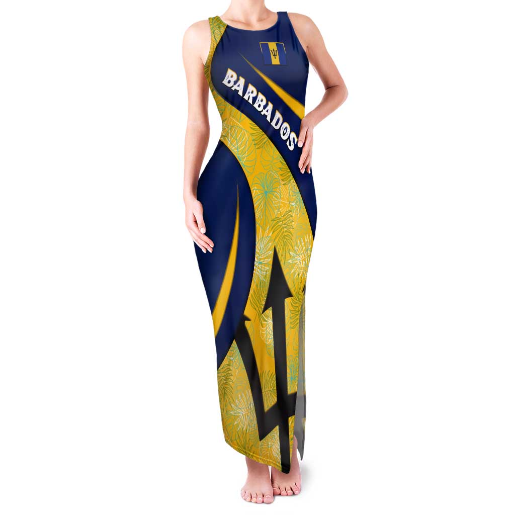 Barbados Flag Tank Maxi Dress Blue and Yellow with Trident and Tropical Leaf Pattern - Wonder Print Shop
