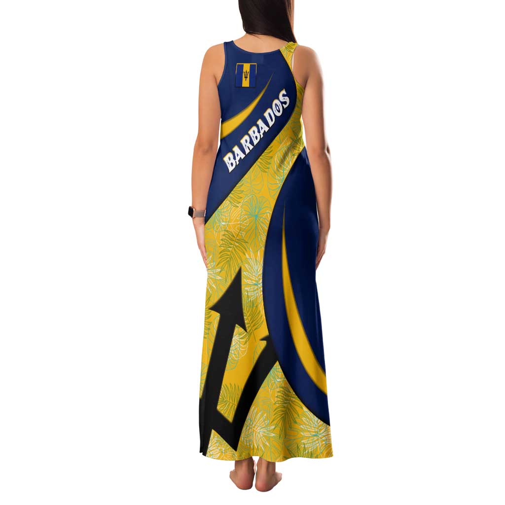 Barbados Flag Tank Maxi Dress Blue and Yellow with Trident and Tropical Leaf Pattern - Wonder Print Shop