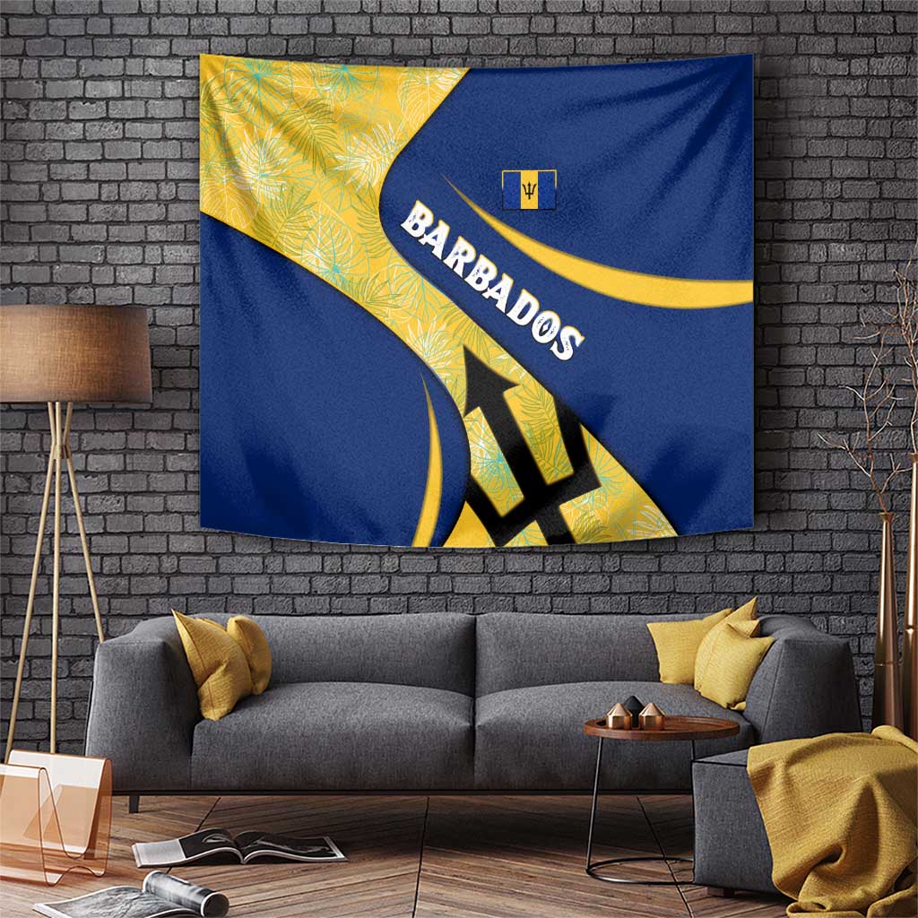 Barbados Flag Tapestry Blue and Yellow with Trident and Tropical Leaf Pattern - Wonder Print Shop