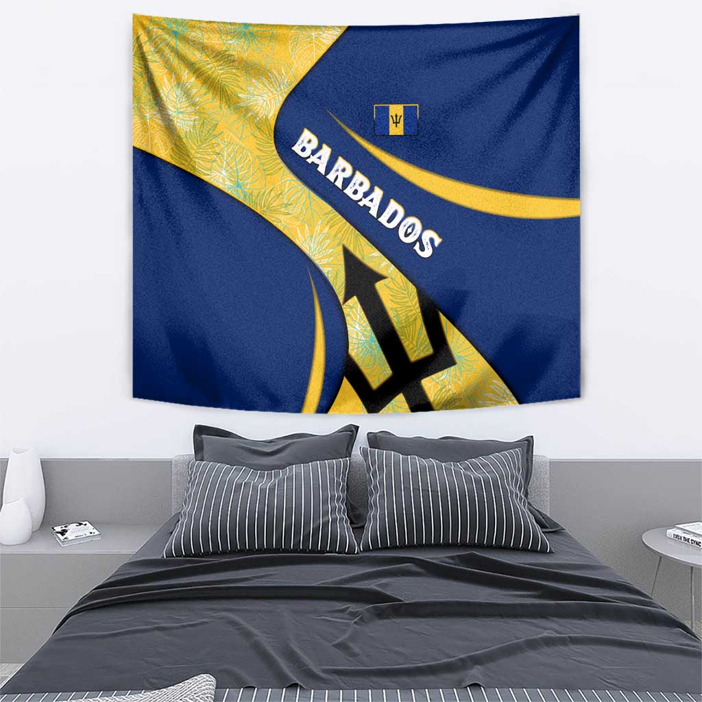 Barbados Flag Tapestry Blue and Yellow with Trident and Tropical Leaf Pattern - Wonder Print Shop