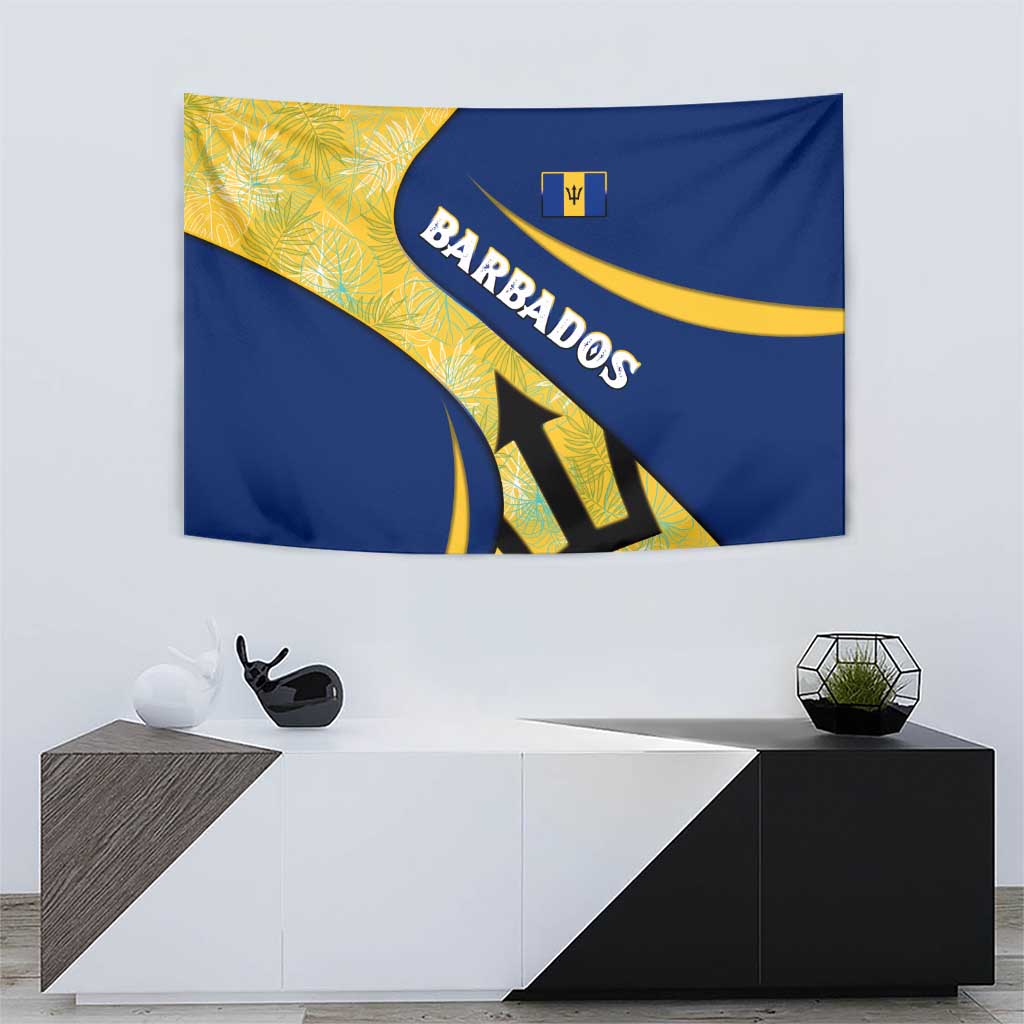 Barbados Flag Tapestry Blue and Yellow with Trident and Tropical Leaf Pattern - Wonder Print Shop