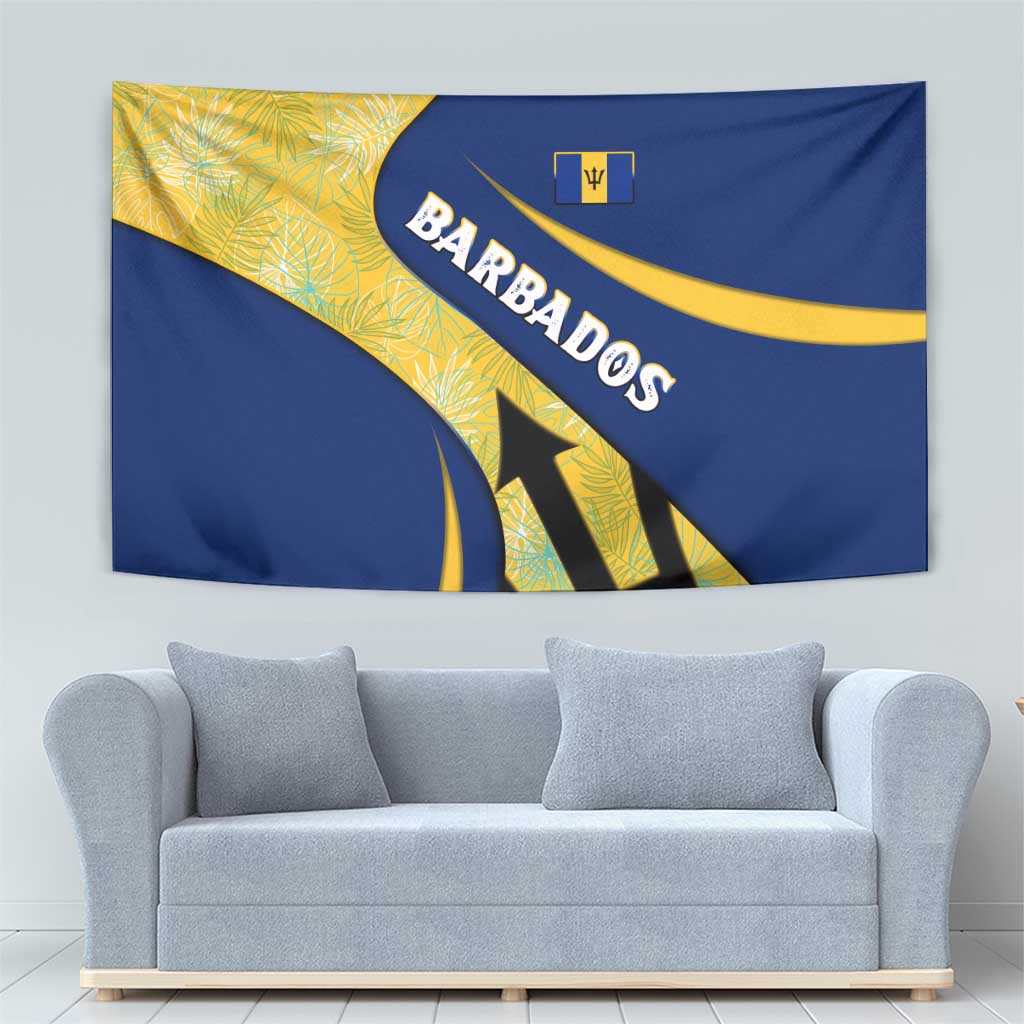 Barbados Flag Tapestry Blue and Yellow with Trident and Tropical Leaf Pattern - Wonder Print Shop