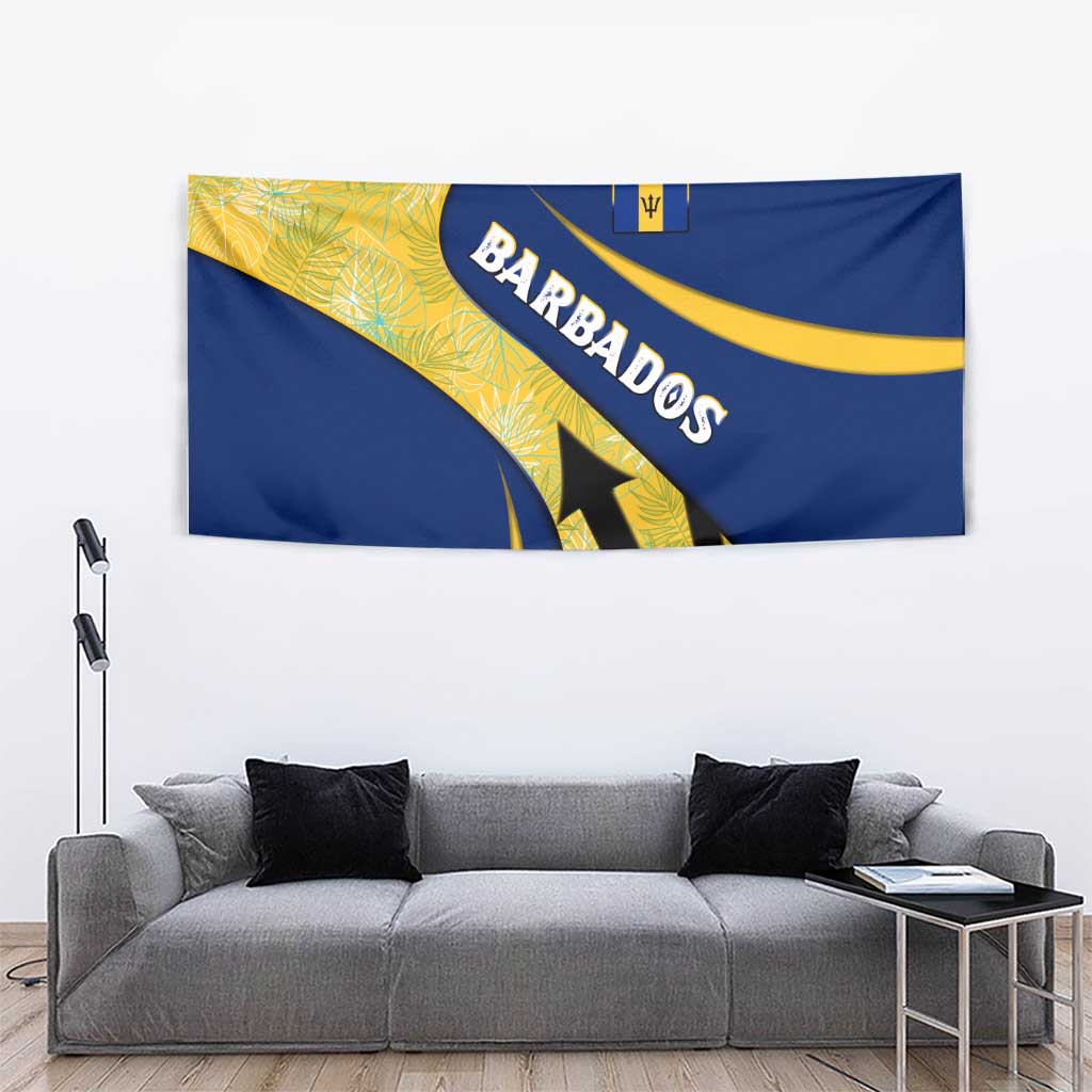 Barbados Flag Tapestry Blue and Yellow with Trident and Tropical Leaf Pattern - Wonder Print Shop
