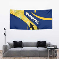 Barbados Flag Tapestry Blue and Yellow with Trident and Tropical Leaf Pattern - Wonder Print Shop