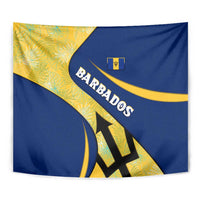 Barbados Flag Tapestry Blue and Yellow with Trident and Tropical Leaf Pattern - Wonder Print Shop