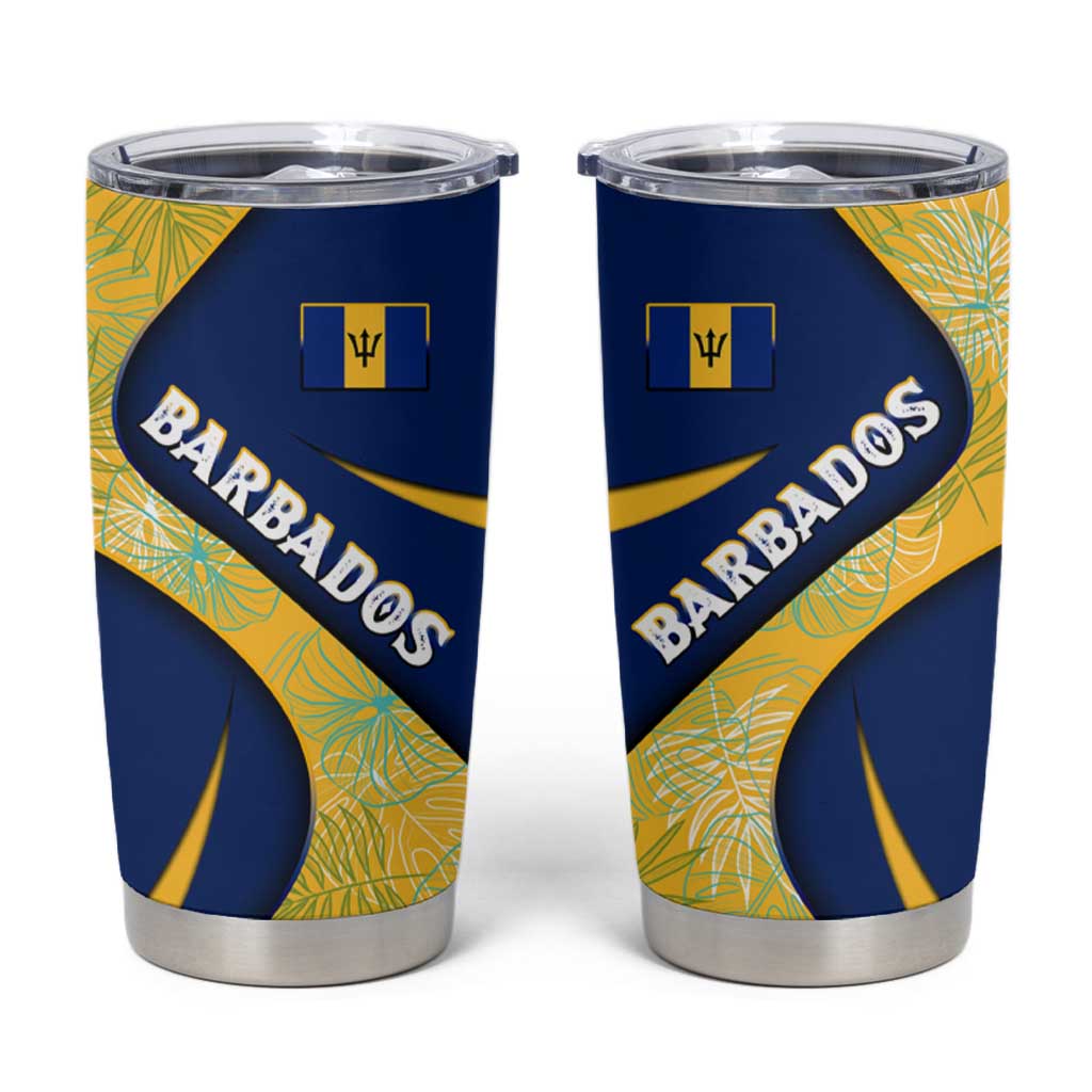 Barbados Flag Tumbler Cup Blue and Yellow with Trident and Tropical Leaf Pattern - Wonder Print Shop