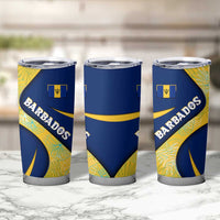 Barbados Flag Tumbler Cup Blue and Yellow with Trident and Tropical Leaf Pattern - Wonder Print Shop