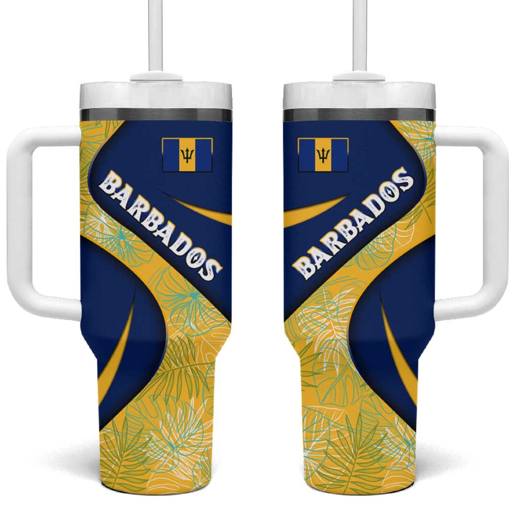 Barbados Flag Tumbler With Handle Blue and Yellow with Trident and Tropical Leaf Pattern - Wonder Print Shop