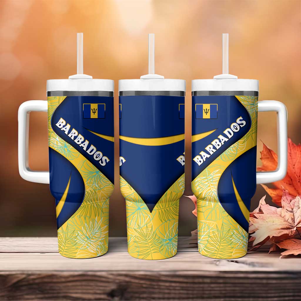 Barbados Flag Tumbler With Handle Blue and Yellow with Trident and Tropical Leaf Pattern - Wonder Print Shop
