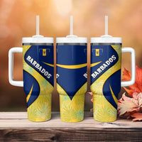 Barbados Flag Tumbler With Handle Blue and Yellow with Trident and Tropical Leaf Pattern - Wonder Print Shop