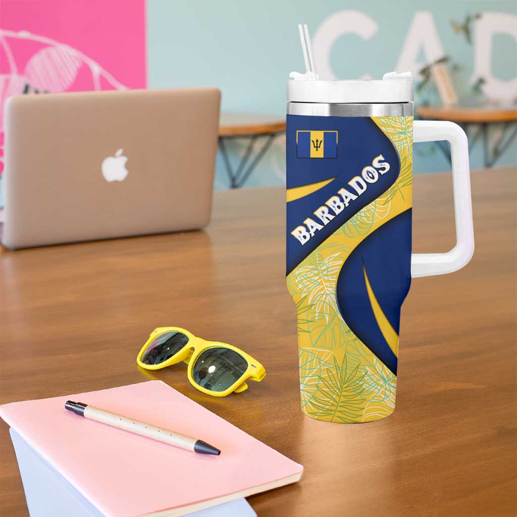 Barbados Flag Tumbler With Handle Blue and Yellow with Trident and Tropical Leaf Pattern - Wonder Print Shop