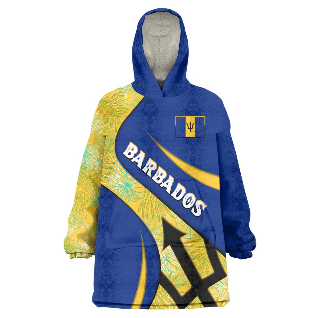 Barbados Flag Wearable Blanket Hoodie Blue and Yellow with Trident and Tropical Leaf Pattern - Wonder Print Shop