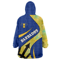 Barbados Flag Wearable Blanket Hoodie Blue and Yellow with Trident and Tropical Leaf Pattern - Wonder Print Shop