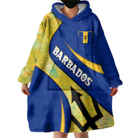 Barbados Flag Wearable Blanket Hoodie Blue and Yellow with Trident and Tropical Leaf Pattern - Wonder Print Shop