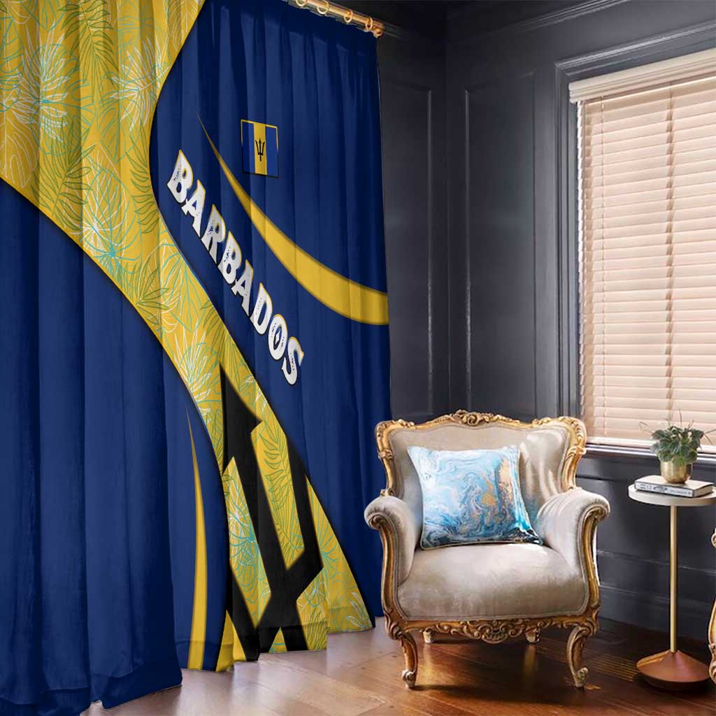 Barbados Flag Window Curtain Blue and Yellow with Trident and Tropical Leaf Pattern - Wonder Print Shop