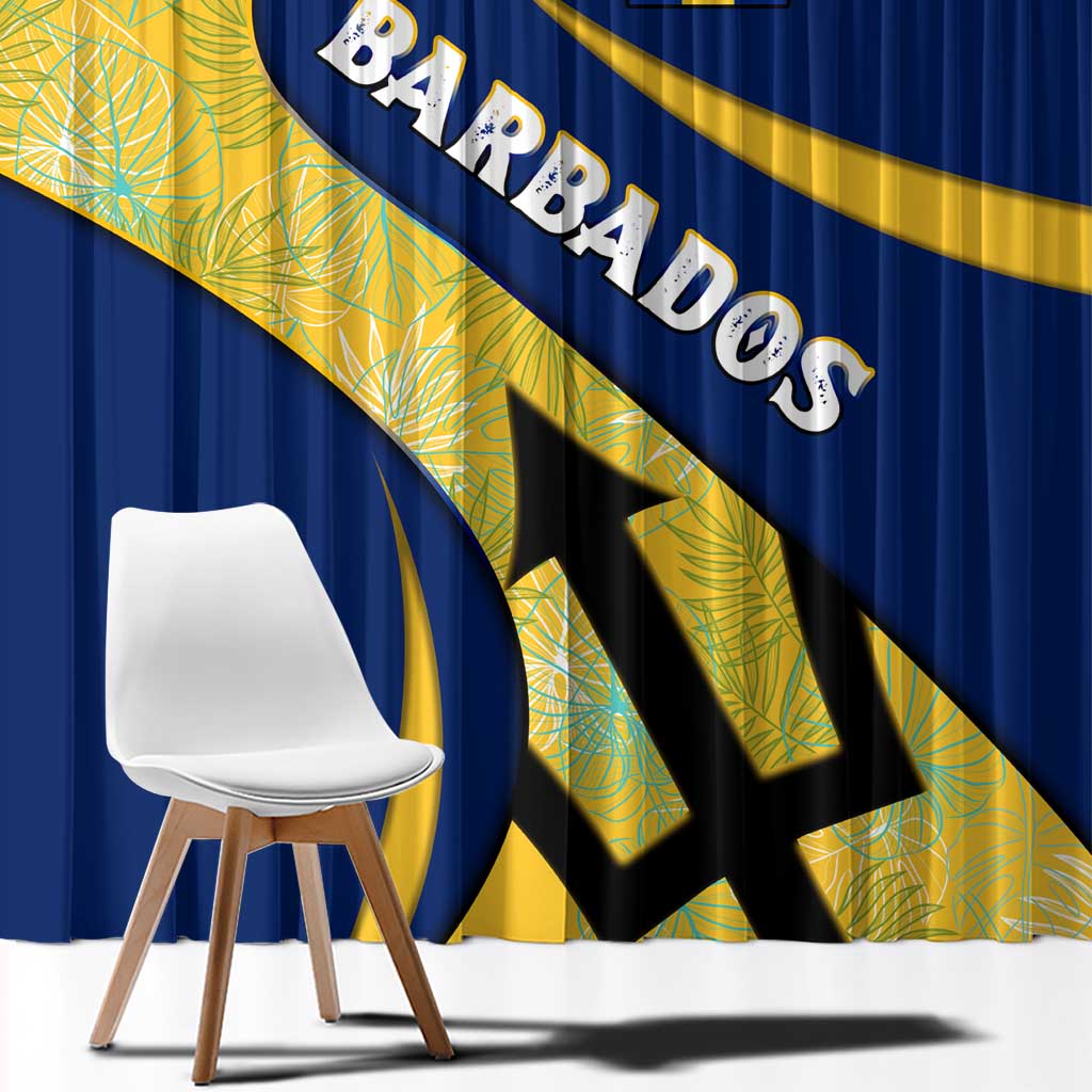 Barbados Flag Window Curtain Blue and Yellow with Trident and Tropical Leaf Pattern - Wonder Print Shop