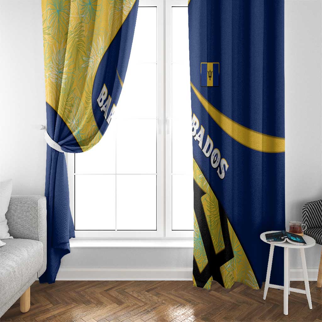 Barbados Flag Window Curtain Blue and Yellow with Trident and Tropical Leaf Pattern - Wonder Print Shop