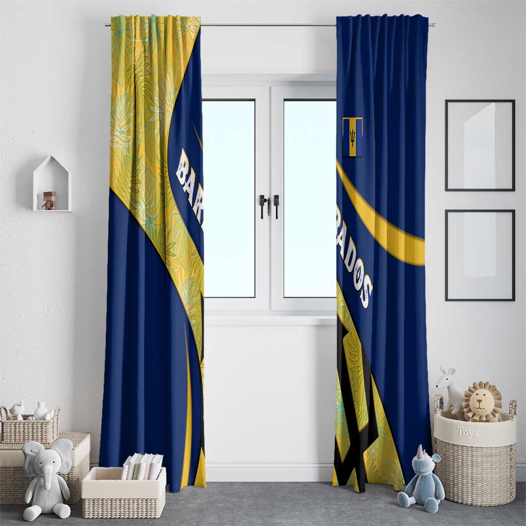 Barbados Flag Window Curtain Blue and Yellow with Trident and Tropical Leaf Pattern - Wonder Print Shop