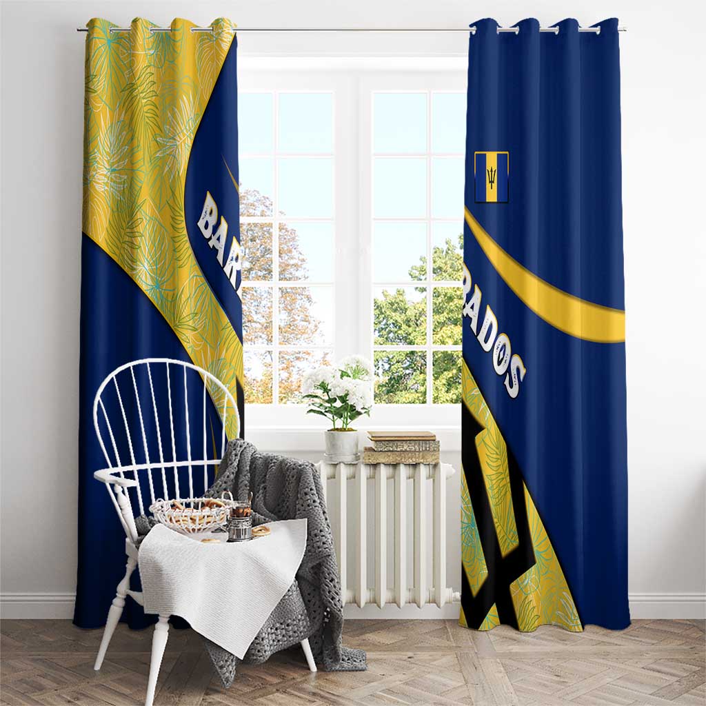 Barbados Flag Window Curtain Blue and Yellow with Trident and Tropical Leaf Pattern - Wonder Print Shop